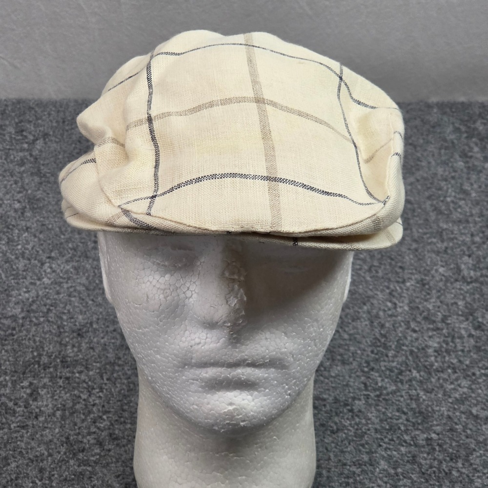 Vintage Stetson Ivy Hat Flat Cap XL Cream Plaid Linen Driver Made in USA 90s